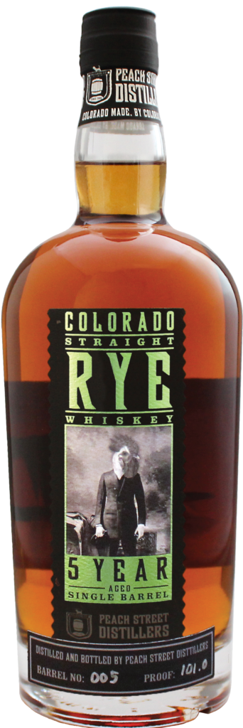 A bottle of Colorado Straight Rye Whiskey, aged 5 years, from Peach Street Distillers. The green and black label features a suited man and single barrel details—perfect to enjoy after a distillery tour or with Palisade pizza.