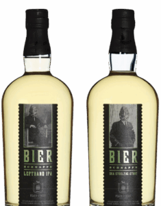 Two bottles of Bier Schnapps with labels featuring black-and-white images of men in suits. The left bottle is labeled Lefthand IPA, and the right bottle is labeled Sea Streak Stout.