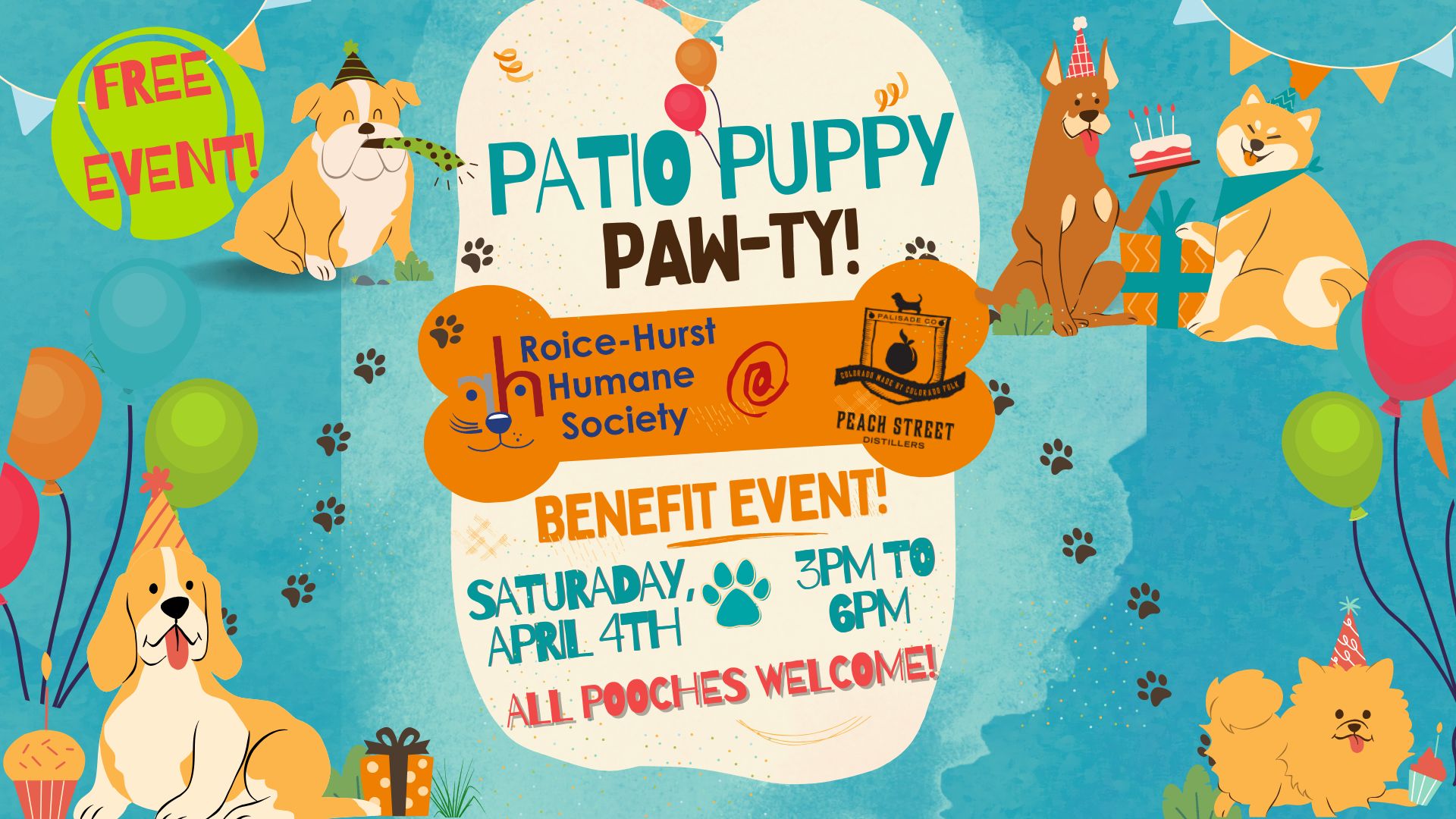 Colorful Events Popup flyer with cartoon dogs, balloons, and paw prints. Text reads: Patio Puppy Paw-ty! Roice-Hurst Humane Society @ Peach Street. Benefit Event! Saturday, April 4th, 3PM-6PM. All pooches welcome! Free event!.