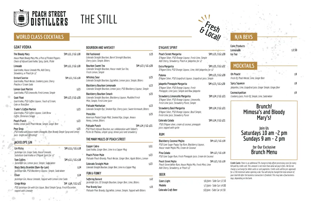 Menu for Peach Street Distillers’ “The Still” features sections for cocktails, spirits, beer, n/a beverages, and brunch hours. This menu displays drink names, ingredients, and prices on a clean white background with classic black text.