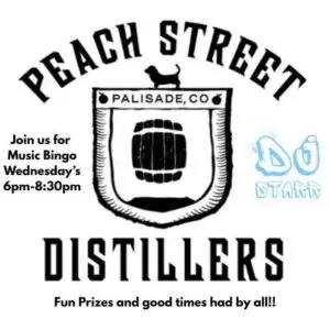 Peach Street Distillers logo with a dog on top, event details: Join us for Music Bingo Wednesdays 6pm-8:30pm. Fun prizes and good times had by all! DJ Starr is handwritten in blue.