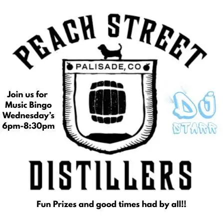 Peach Street Distillers logo with a dog on top, event details: Join us for Music Bingo Wednesdays 6pm-8:30pm. Fun prizes and good times had by all! DJ Starr is handwritten in blue.