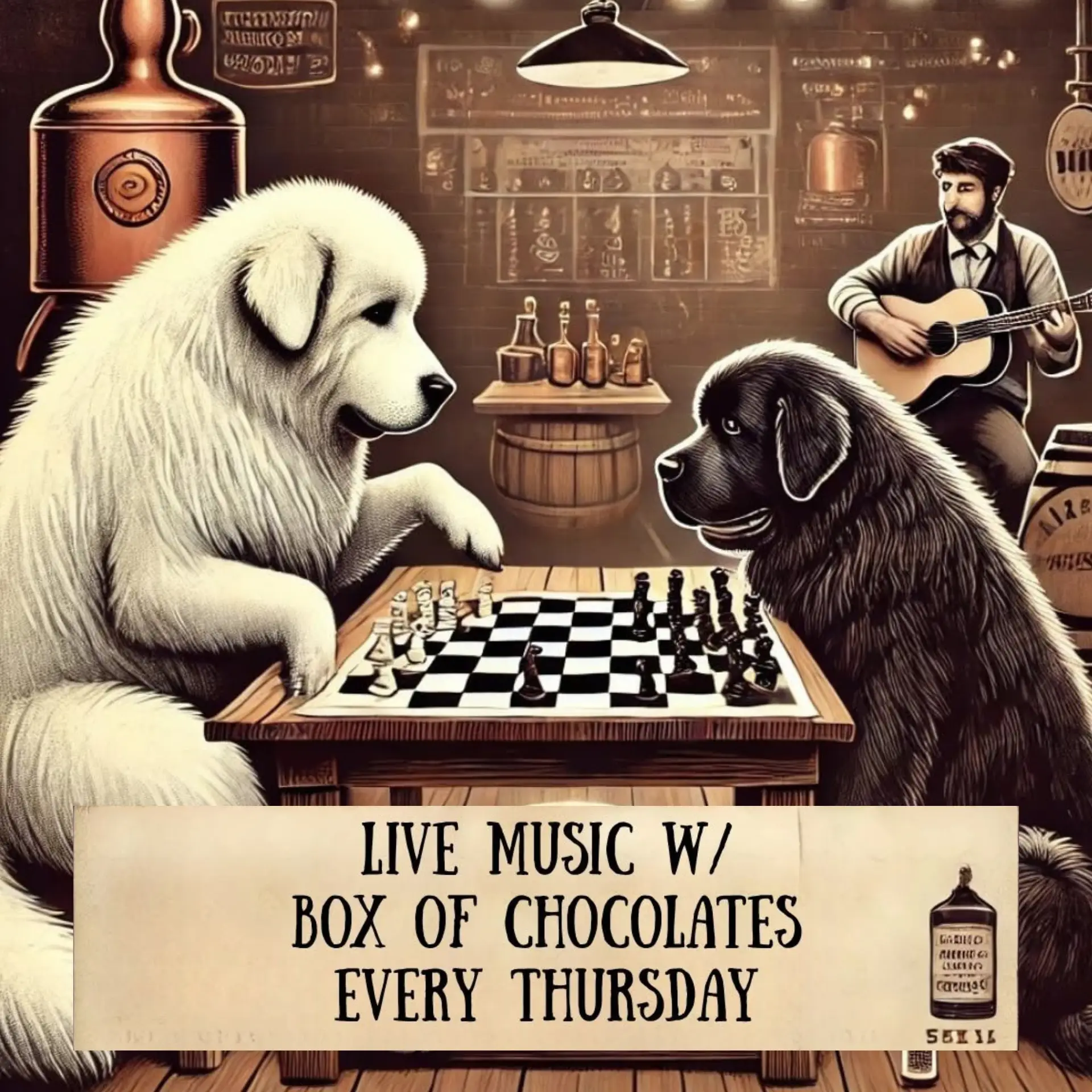 Two large dogs play chess at a table in a cozy bar while a man plays guitar in the background. A sign reads, Live music w/ Box of Chocolates and Bud specials every Thursday.