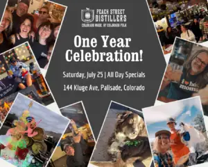 Collage for Peach Street Distillers Ownership Celebration—smiling people, drinks, The Butters band, a dog, and event details: Saturday, July 25 | All Day Specials, 144 Kluge Ave, Palisade, Colorado.