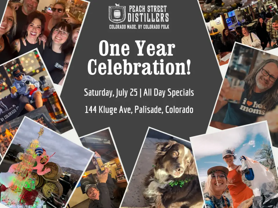 Collage for Peach Street Distillers Ownership Celebration—smiling people, drinks, The Butters band, a dog, and event details: Saturday, July 25 | All Day Specials, 144 Kluge Ave, Palisade, Colorado.