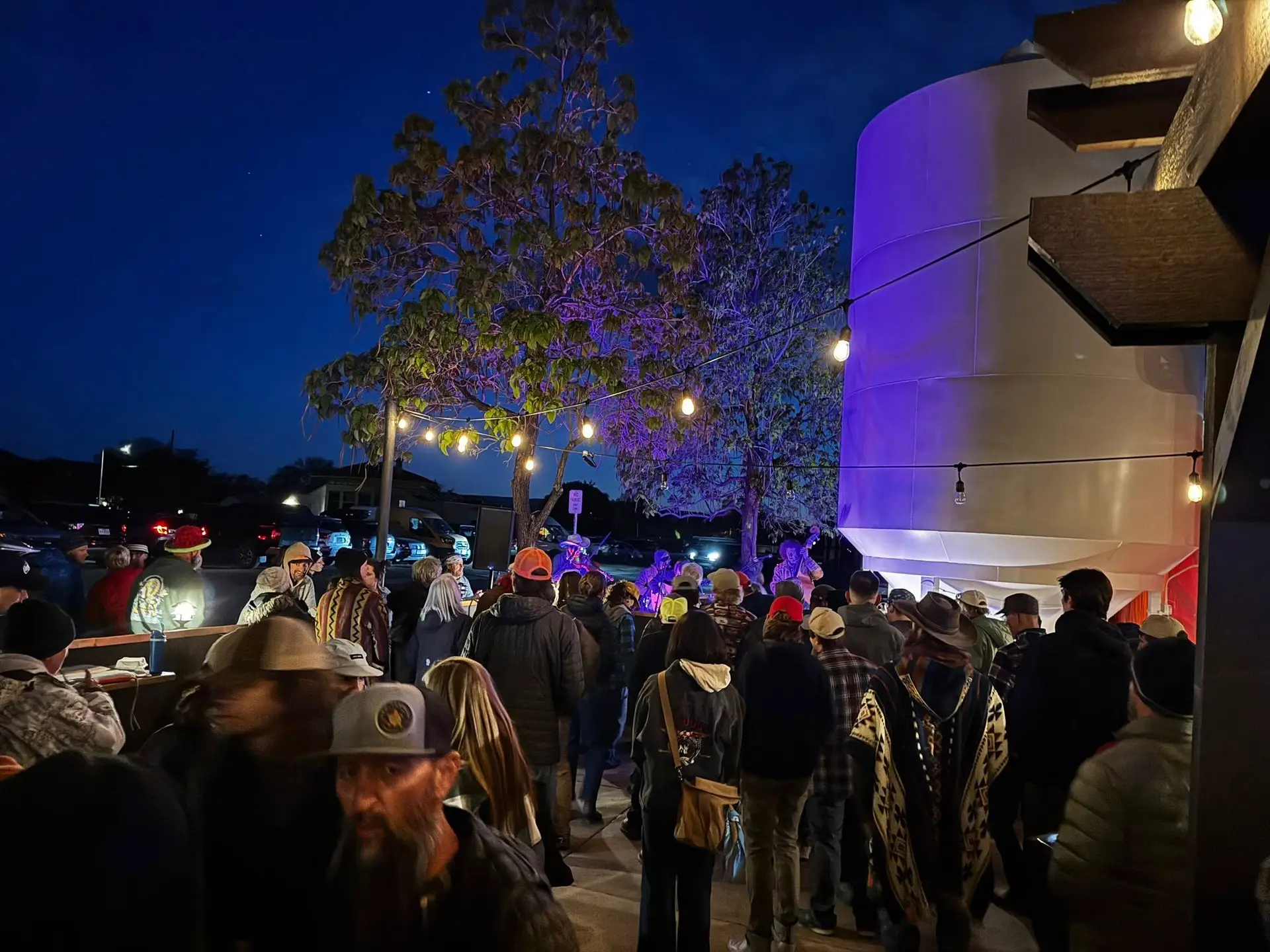 A crowd gathers outdoors at night under string lights, many people wear hats and jackets. Trees and a large white cylindrical structure are illuminated by colorful lights in the background.