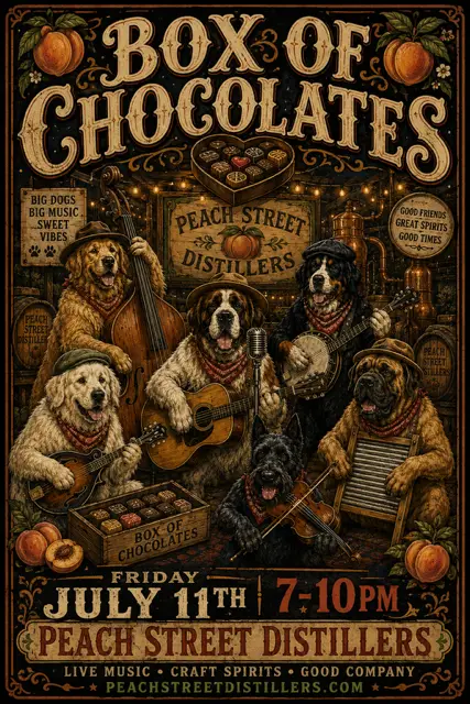 “Box of Chocolates.” Join us for this charming live event at Peach Street Distillers on July 11th, 7–10 PM, and enjoy an evening of delightful live music.