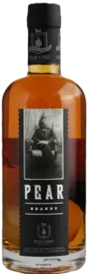 A bottle of Peach Street Pear Brandy with an amber liquid, featuring a black label showing a person sitting and the words PEAR BRANDY in bold white text.