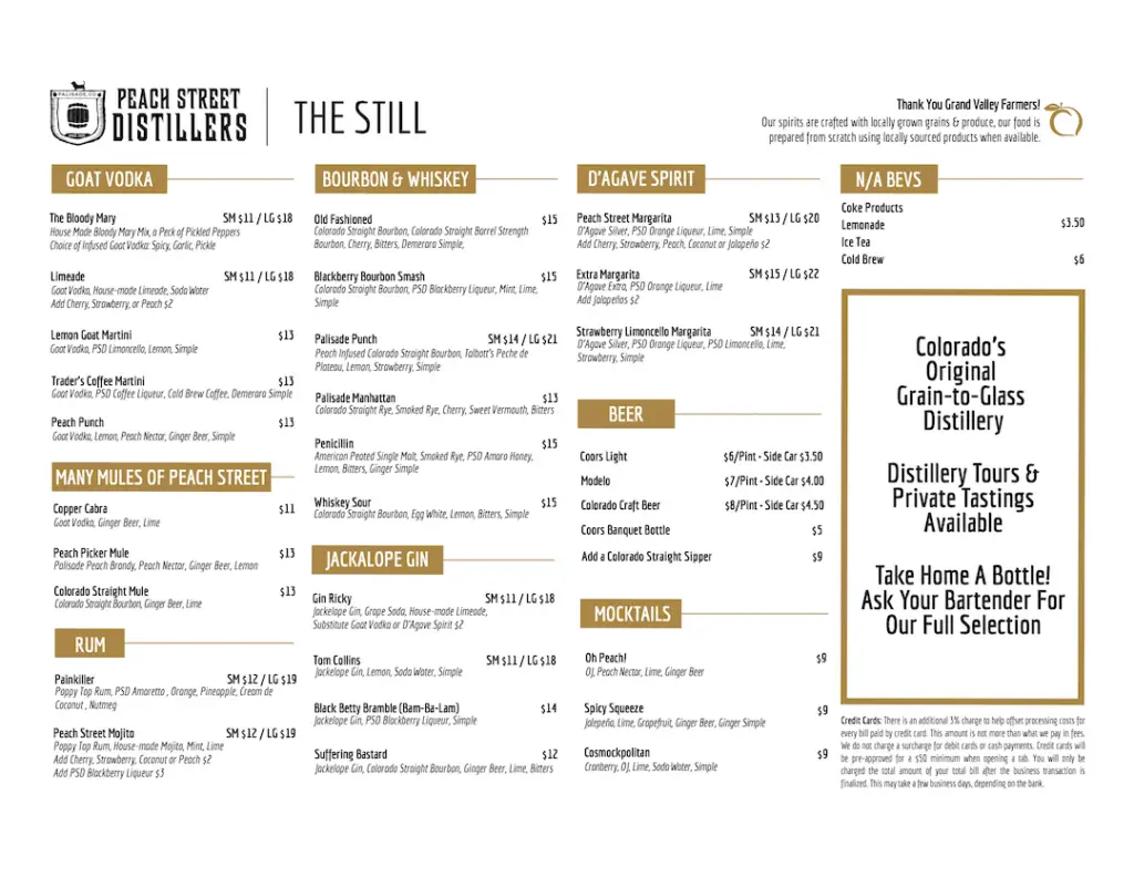 Menu: Explore the Peach Street Distillers bar Menu, highlighting a curated selection of cocktails, whiskey, gin, rum, agave spirits, non-alcoholic drinks, and brunch specials. The Menu details ingredients, prices, and serving sizes for each item. Enjoy a stylish atmosphere with modern fonts and clearly organized sections for easy browsing.