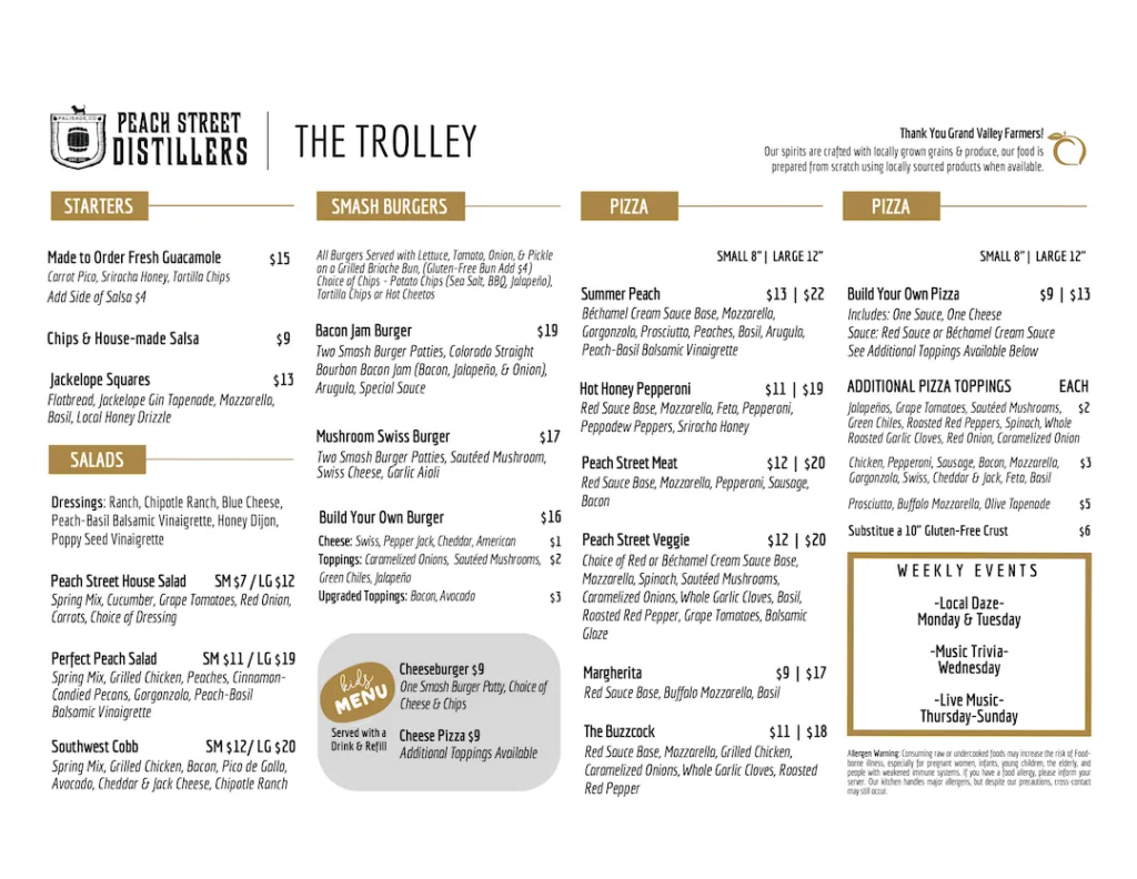 Menu from Peach Street Distillers The Trolley featuring a text-heavy layout on a white background. This detailed menu includes sections for starters, soups, salads, smash burgers, sides, handhelds, pizzas, and additional pizza toppings with pricing.