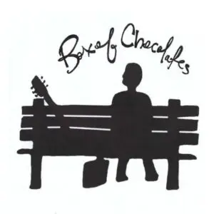 Silhouette of a person sitting on a bench with a guitar resting beside them, capturing the tranquil anticipation before sharing free music with the world. box of chocolates live music event poster at peach street distillers palisade.