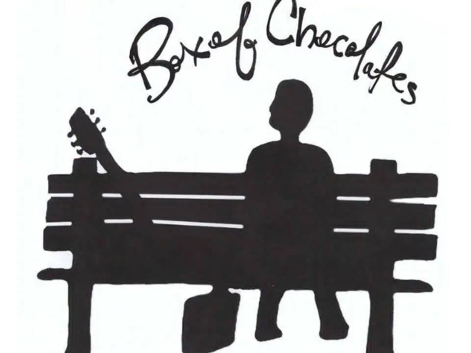 Silhouette of a person sitting on a bench with a guitar resting beside them, capturing the tranquil anticipation before sharing free music with the world. box of chocolates live music event poster at peach street distillers palisade.