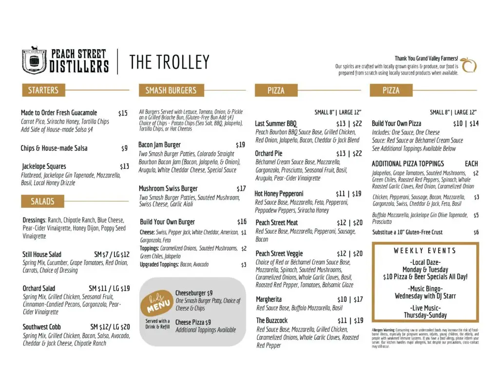 Peach Street Distillers’ menu features sections for starters, salads, smash burgers, pizzas, and additional toppings, plus drinks and weekly events. The menu is designed in a brown and white theme with text and small icons for a welcoming touch.