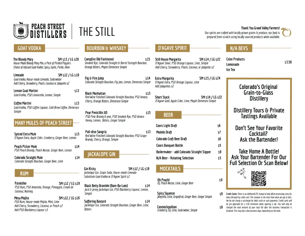 Peach Street Distillers menu listing sections for goat vodka, mules, rum, whiskey, agave spirits, beer, mocktails, and non-alcoholic beverages with associated pricing.